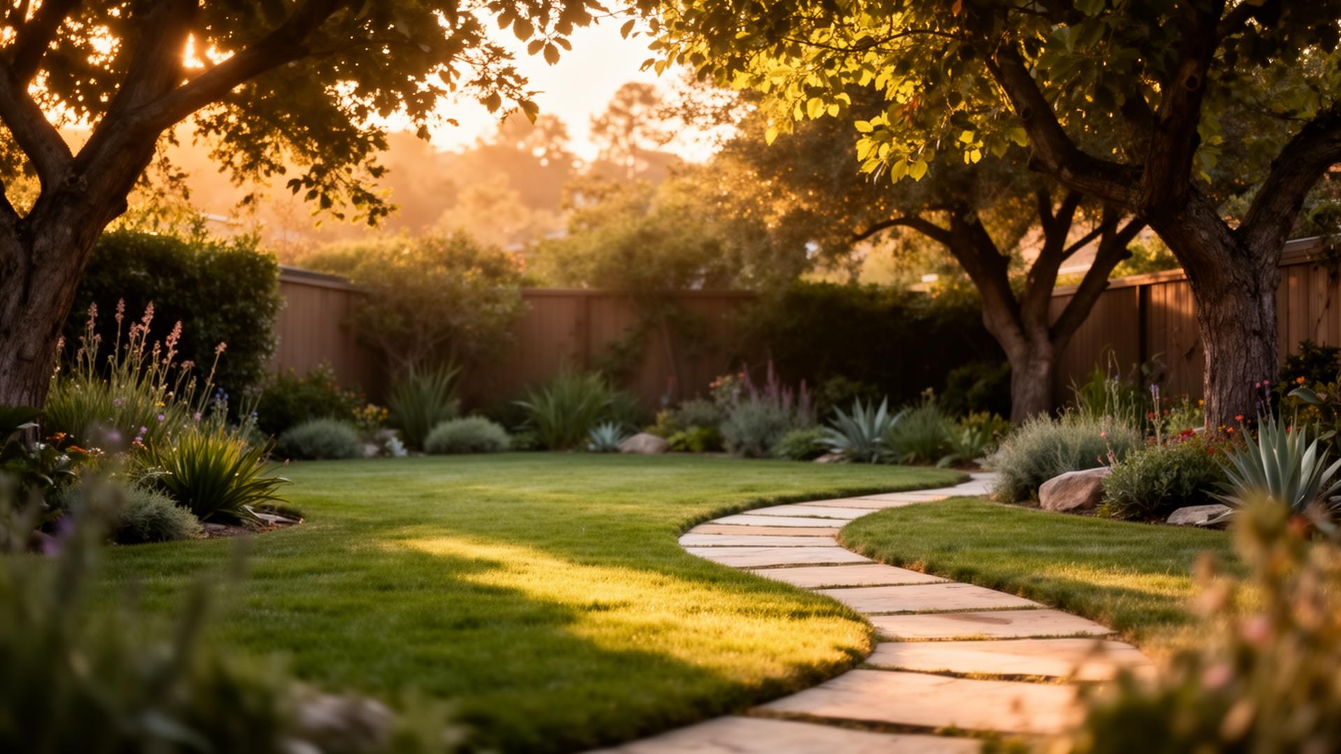 Beautifully landscaped backyard at golden hour